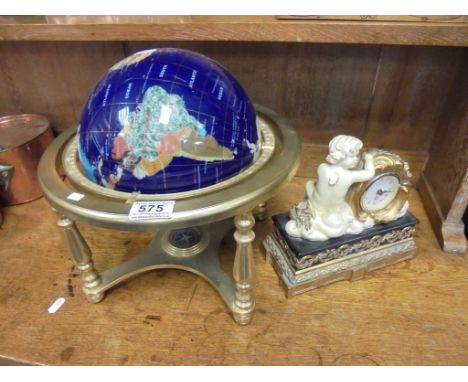 Gemstone Style Table Top Globe on Stand together with Cherub Mantle Clock (a/f)