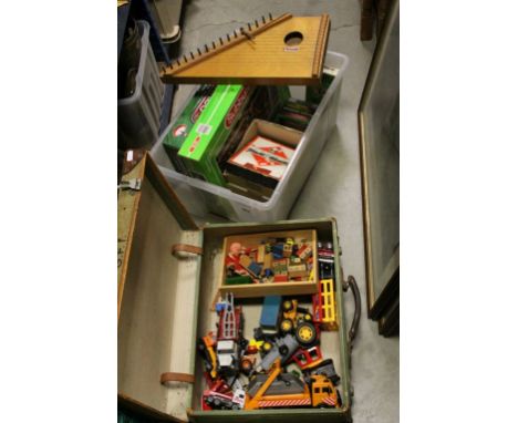 Toys including Boxed Subbuteo, Tri-ang Xylophone, Canvas Suitcase with Diecast and Plastic Vehicles, etc