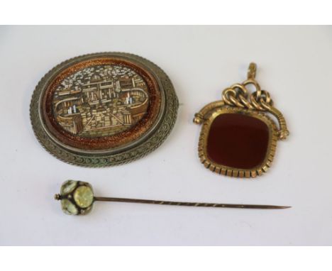 19th Century Italian White metal mounted Goldstone &amp; Micro Mosaic Brooch, Yellow metal &amp; Intaglio Carnelian pendant &