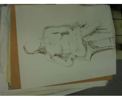 Folder of Unframed Pictures and Prints including numerous Pastels and Drawings of Nudes plus Children's Prints including Moll