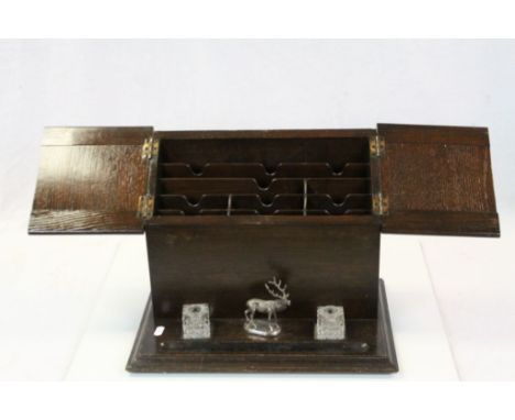 Vintage combination Oak stationary Cabinet &amp; Ink stand with white metal Deer between two replacement glass inkwells, meas