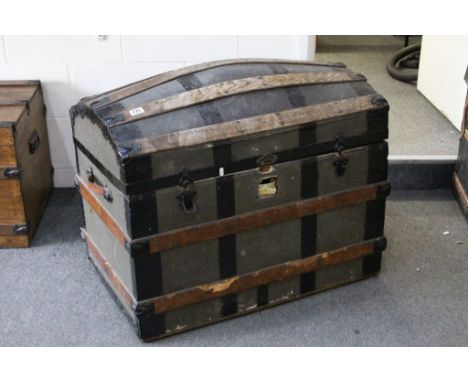 Large Victorian Wooden Bound Domed Top Travelling Trunk / Chest, 89cms wide x 78cms high