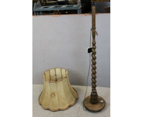 Vintage Pig Skin Standard Lamp Shade together with an Oak Barleytwist Standard Lamp (a.f)