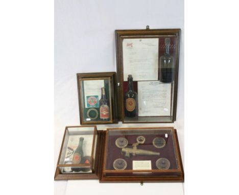 Four vintage Glass &amp; Wood display cased Brewerania related items to include Vintage Beer bottles with related paperwork a