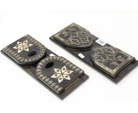 Two Vintage Folding Book shelves, one with Gothic Brass detailing, the other in Rosewood with Mother of pearl &amp; brass Stu