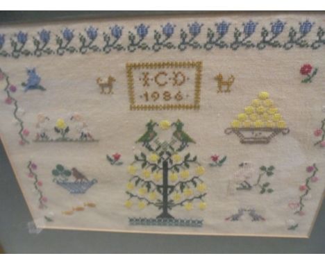 Tray of framed &amp; glazed vintage Tapestry pictures &amp; a Sampler dated 1986