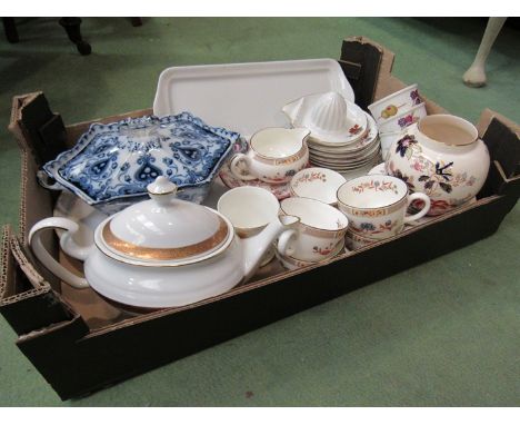 A box of miscellaneous ceramics including Masons Mandarin vase, Royal Worcester Evesham ramekins and Victorian blue and white