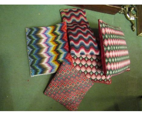 Five needlework tapestry cushions