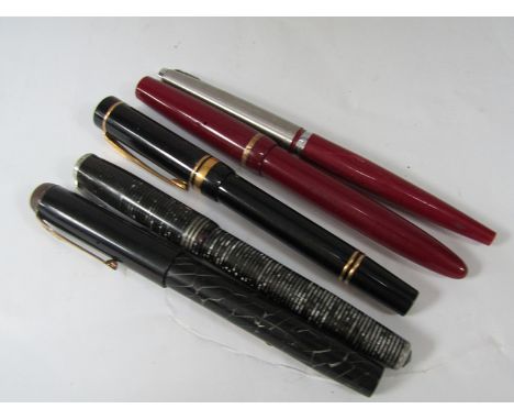 Five vintage pens including Parker and a lacquered example