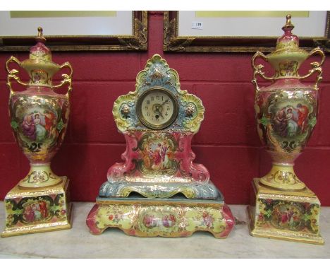 A circa 1900 Royal Crown Corona clock garniture with figural scenes, Arabic dial a/f  