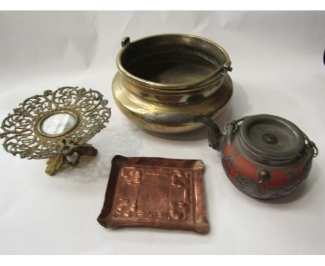 An antique Oriental brass cauldron, Chinese terracotta teapot with pewter mount, Arts &amp; Crafts copper tray and Victorian 