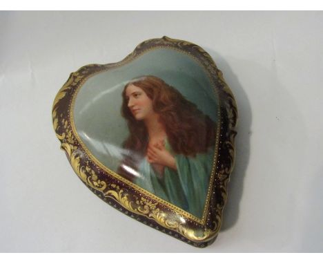 A Dresden porcelain heart shaped trinket pot with portrait of female to lid, scrolled gilded border, restored lid