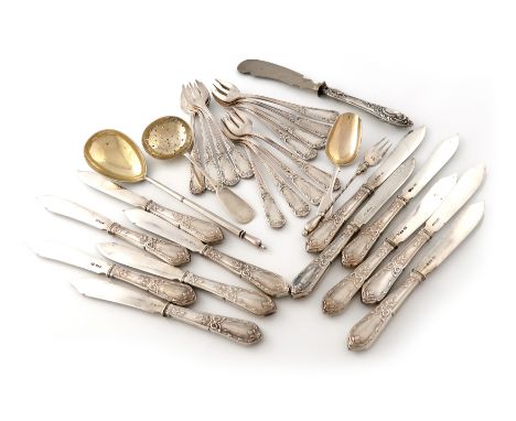 A mixed lot of Russian silver flatware, comprising: a set of twelve fish knives, 1896-1908, the handles with foliate and ribb