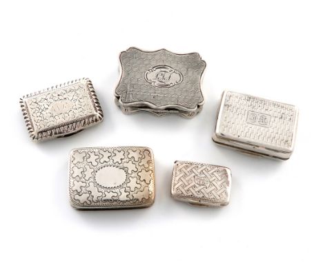 A collection of five antique silver vinaigrettes, various dates and makers, comprising: one by Nathaniel Mills, Birmingham 18