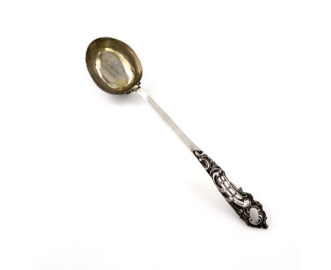 A 18th century German silver ladle, by Christianus Drentwett, Augsburg 1777-1779, deep oval bowl, the terminal with pierced f