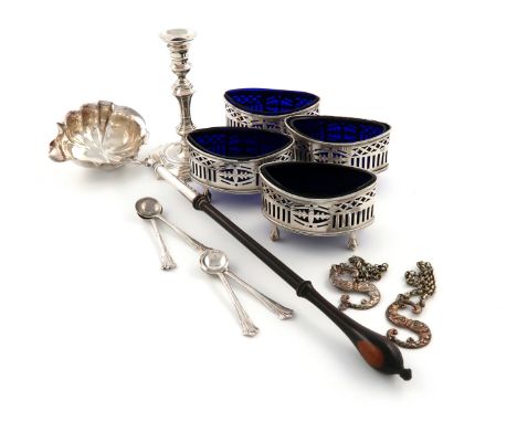 A mixed lot of silver items, comprising: a George II punch ladle, London 1746, lobed oval bowl, turned wooden baluster handle