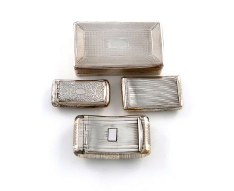 A collection of four silver snuff boxes, comprising: a George IV one, by Pearce &amp; Thompson, Birmingham 1824, rectangular 