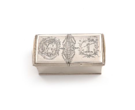 An 18th century silver double snuff box, unmarked, circa 1760-80, rectangular form, flush hinged covers, engraved with an arm