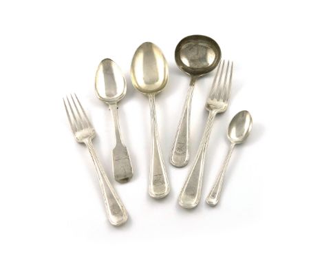 An Edwardian silver Old English Thread pattern part canteen, by Elkington and Co., Birmingham 1904, the terminals crested, co
