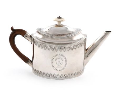 λA George III silver teapot, London 1792, oval form, bright-cut decoration, tapering straight spout, scroll handle, the hinge