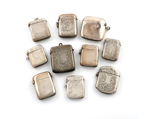 A collection of ten silver vesta cases, various dates and makers, comprising: six with foliate scroll decoration, one engine-