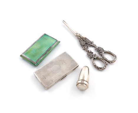A mixed lot of silver items, comprising: a silver and enamel cigarette case, with import marks for London 1926, rectangular f