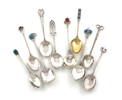 A collection of ten Arts and Crafts and Art Nouveau silver teaspoons, comprising: one by Amy Sandheim, London 1924, spot-hamm
