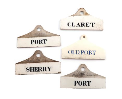 A collection of five 19th century ceramic bin labels, comprising: a creamware one of coat hanger form, by Wedgwood, titled in