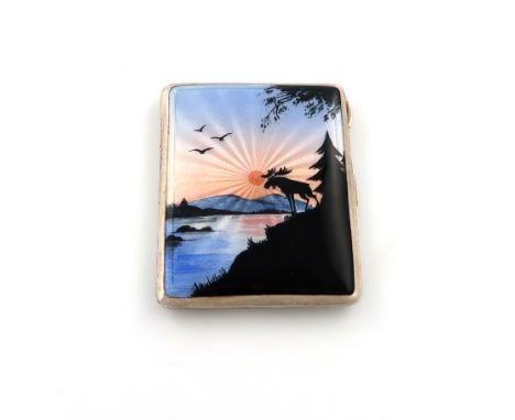 A silver and enamel cigarette case, by H C Freeman Ltd, Birmingham 1938, rectangular form, with a scene of a lake and mountai
