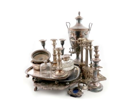 A mixed lot of Old Sheffield and electroplated items, comprising: a tea urn of vase form, on a shaped square base with medall