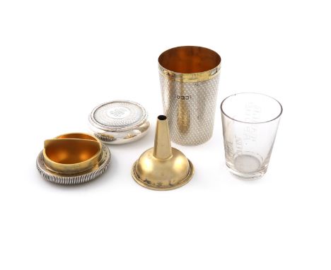 A travelling silver beaker set, by Charles Dumenil, London 1906, comprising a beaker and cover with engine-turned decoration,