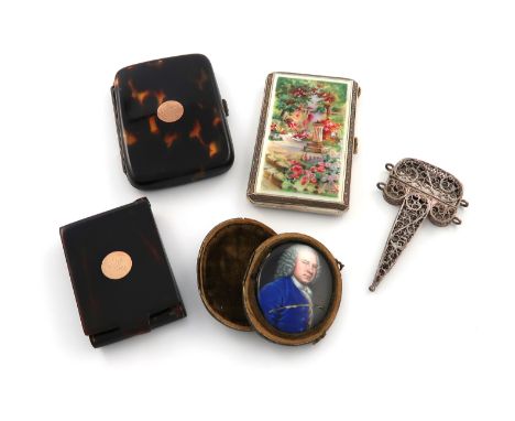 λA mixed lot, comprising: a silver-gilt and enamel cigarette case, with English import marks for London 1927, rectangular for