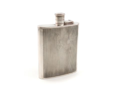 A modern silver hip flask, by P H Vogel &amp; Co, rounded rectangular form, engine-turned decoration, hinged bayonet fitting 