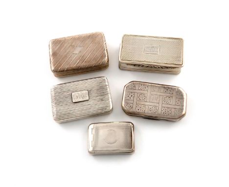 A collection of five antique silver snuff boxes, various dates and makers, including: one by Samuel Pemberton, Birmingham 180