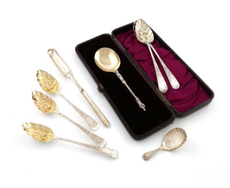 A mixed lot of silver flatware, comprising: a George III provincial Fiddle pattern marrow scoop, by Simon Levy, Exeter 1819, 