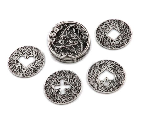 A late 17th century filigree silver counter box, unmarked, circular form, with foliate filigree decoration, the hinge a.f, th