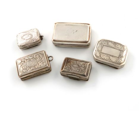 A collection of five antique silver vinaigrettes, various dates and makers, comprising: one by John Shaw, Birmingham 1813, re