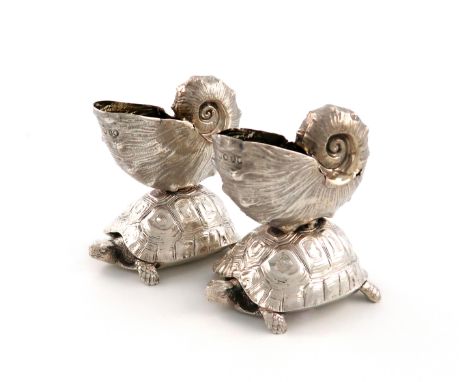 A pair of Victorian novelty silver salt cellars, maker's mark BP, possibly for Benjamin Preston, London 1846, modelled as a n