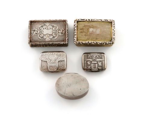 A collection of five antique silver vinaigrettes, various dates and makers, comprising: a Victorian one by Gervase Wheeler, B