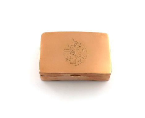 A 19th century gold snuff box, maker's mark JH, shaped rectangular form, the hinged cover engraved with an armorial, plain th
