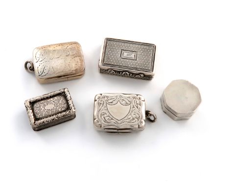 A collection of five antique silver vinaigrettes, various dates and makers, comprising: one by George Ewings, London 1827, re