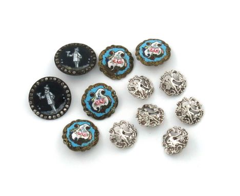 A small collection of buttons, comprising: a pair of French enamelled buttons on steel backs, enamelled with a Pierrot clown,