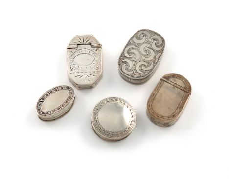A collection of five antique silver patch boxes, various dates and makers, including: one of rounded rectangular form, by Jos