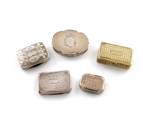 A collection of five antique silver vinaigrettes, various dates and makers, comprising: a silver-gilt one by Taylor and Perry