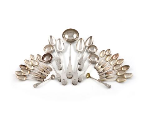 A George III  and Victorian silver part-canteen of Fiddle, Thread and Drop pattern flatware, (no shoulders), by Eley and Fear