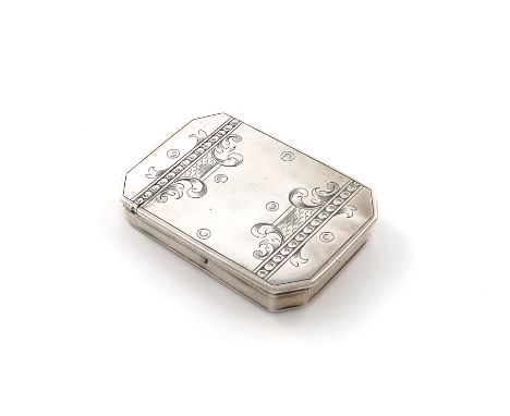 A George I silver snuff box, by Stephen Marram, London 1716, rectangular form, canted corners, engraved scroll and bead decor