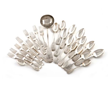 A Victorian provincial silver Fiddle pattern part canteen, by William Rawlings Sobey, Exeter 1847/48, the terminals with a cr