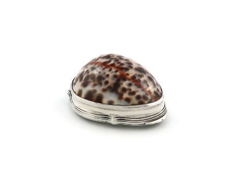 A George III silver-mounted cowrie shell snuff box, maker's mark only, that of William Lestourgeon, London circa 1760, the hi