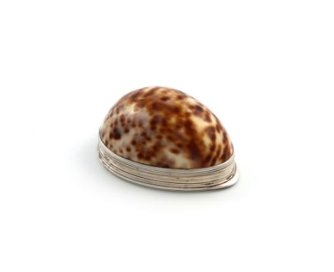 A George III Irish silver-mounted cowrie shell Masonic snuff box, maker's mark only, JK, for James Keating, Dublin circa 1798