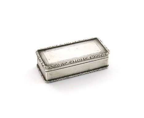 A William IV silver snuff box, by John Tongue, Birmingham 1836, rectangular form, engine-turned decoration, foliate scroll bo